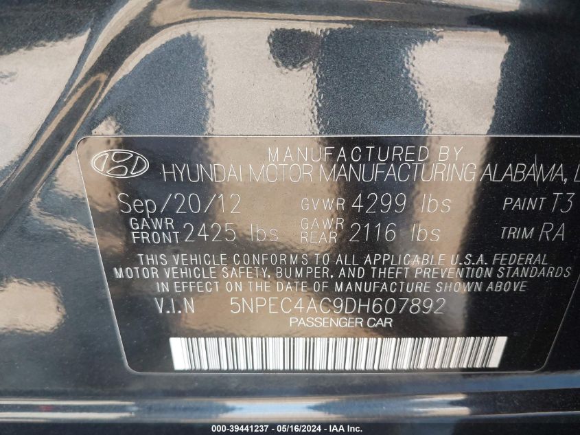 2013 Hyundai Sonata Se VIN: 5NPEC4AC9DH607892 Lot: 39441237