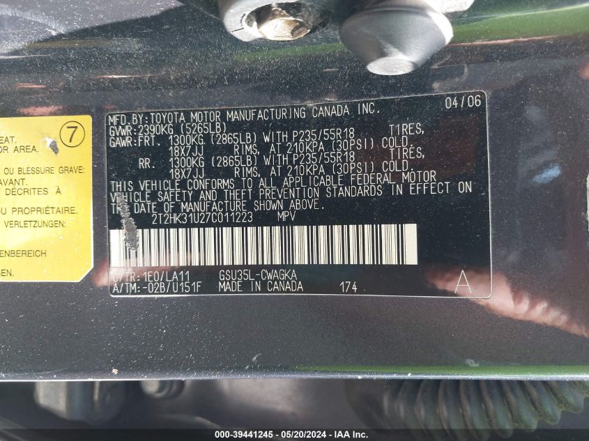 2007 Lexus Rx 350 VIN: 2T2HK31U27C011223 Lot: 39441245