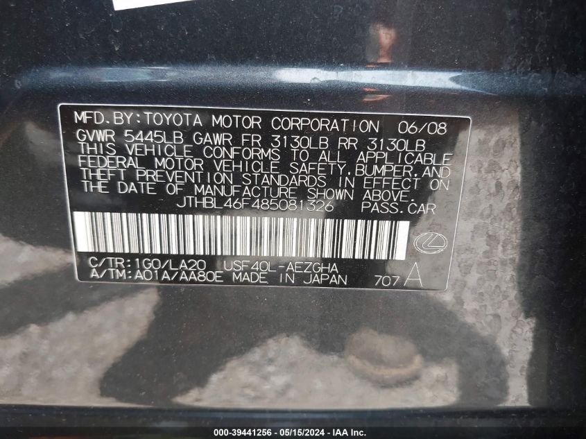 2008 Lexus Ls 460 VIN: JTHBL46F485081326 Lot: 39441256