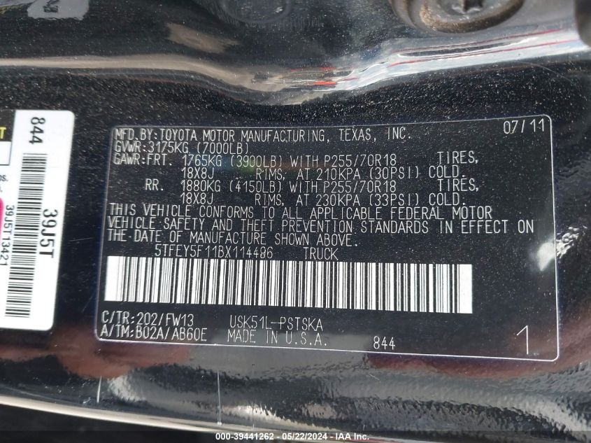 2011 Toyota Tundra Grade 5.7L V8 VIN: 5TFEY5F11BX114496 Lot: 39441262