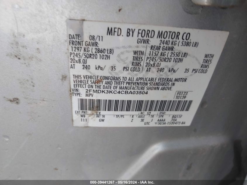 2012 Ford Edge Limited VIN: 2FMDK3KC4CBA03504 Lot: 39441267
