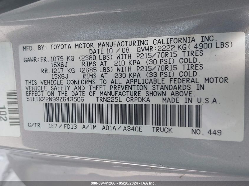 2009 Toyota Tacoma VIN: 5TETX22N99Z643506 Lot: 39441266