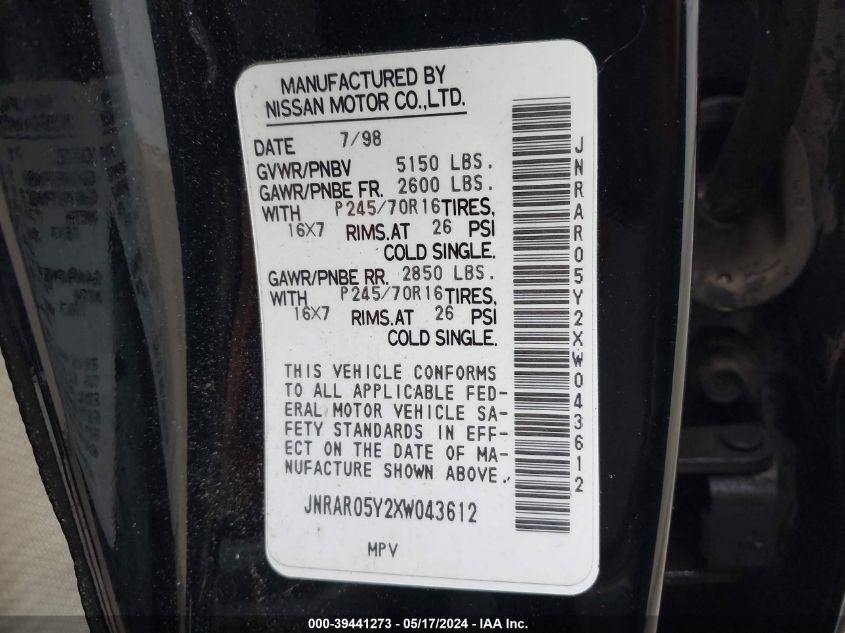 1999 Infiniti Qx4 VIN: JNRAR05Y2XW043612 Lot: 39441273
