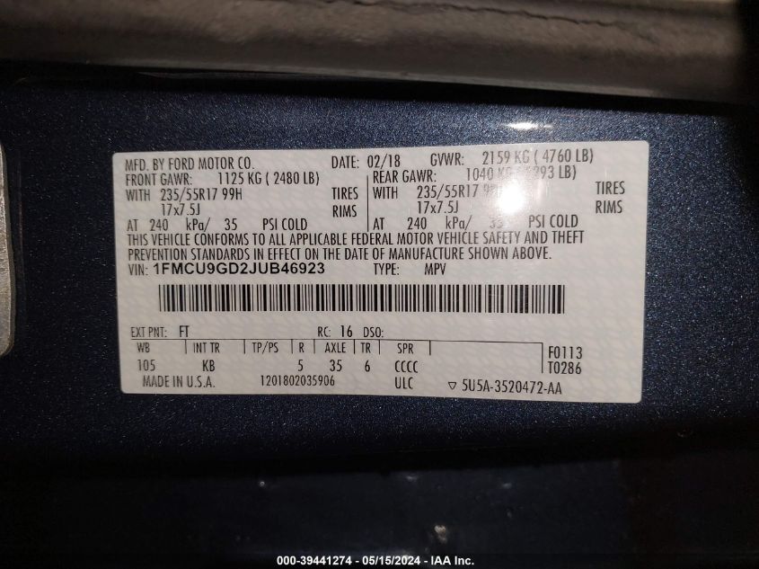 2018 Ford Escape Se VIN: 1FMCU9GD2JUB46923 Lot: 39441274