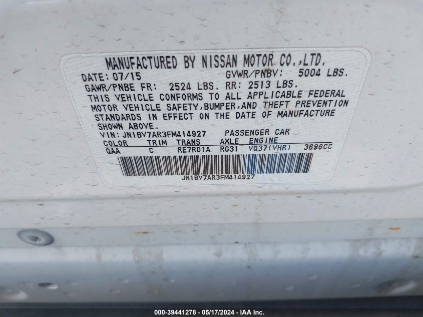 2015 Infiniti Q50 Premium VIN: JN1BV7AR3FM414927 Lot: 39441278