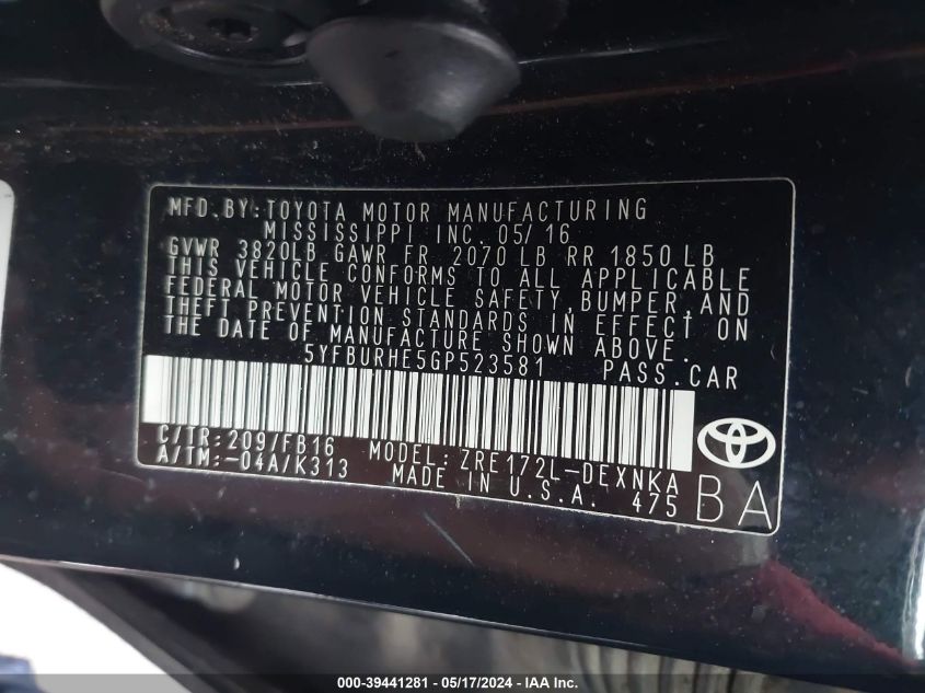 2016 Toyota Corolla L/Le/Le Plus/Le Premium/S/S Plus/S Premium/S W/Special Edition Pkg VIN: 5YFBURHE5GP523581 Lot: 39441281