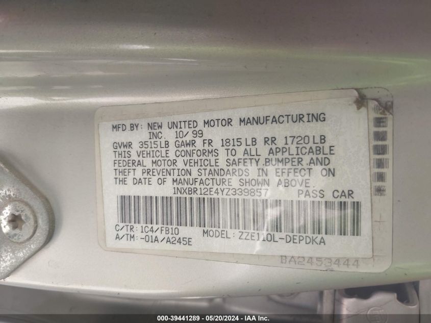 1NXBR12E4YZ339857 2000 Toyota Corolla Ce