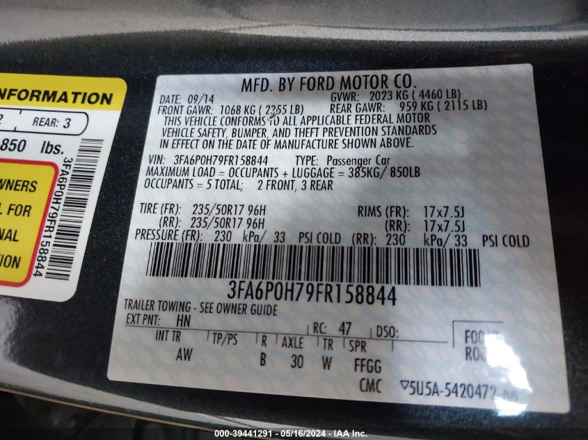 2015 Ford Fusion Se VIN: 3FA6P0H79FR158844 Lot: 39441291