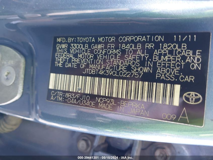 2012 Toyota Yaris VIN: JTDBT4K39CL022757 Lot: 39441301