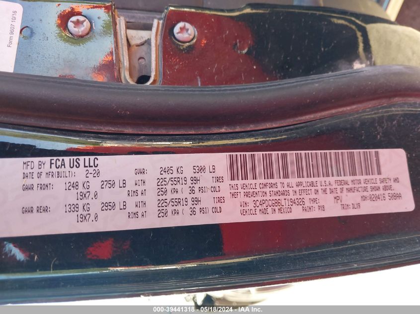 2020 Dodge Journey Crossroad VIN: 3C4PDCGB6LT194326 Lot: 39441318