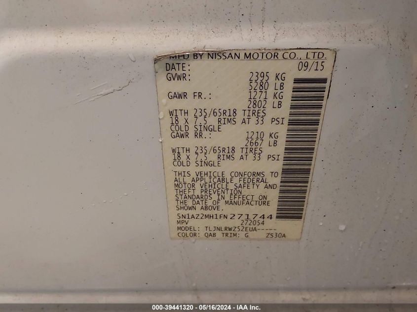 2015 Nissan Murano Sl VIN: 5N1AZ2MH1FN271744 Lot: 39441320