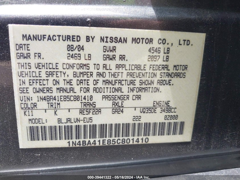 2005 Nissan Maxima 3.5 Se VIN: 1N4BA41E85C801410 Lot: 39441322