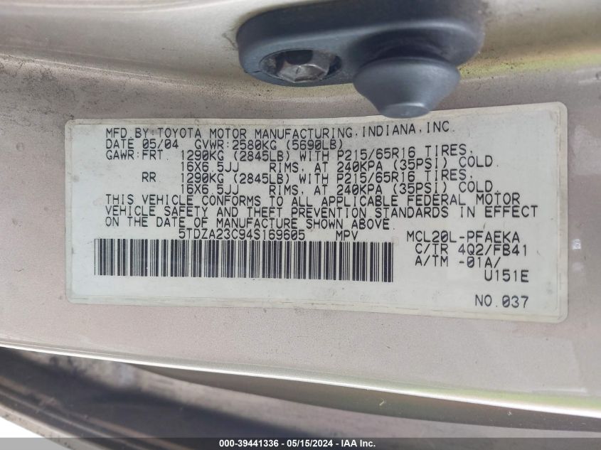 2004 Toyota Sienna Le VIN: 5TDZA23C94S169605 Lot: 39441336