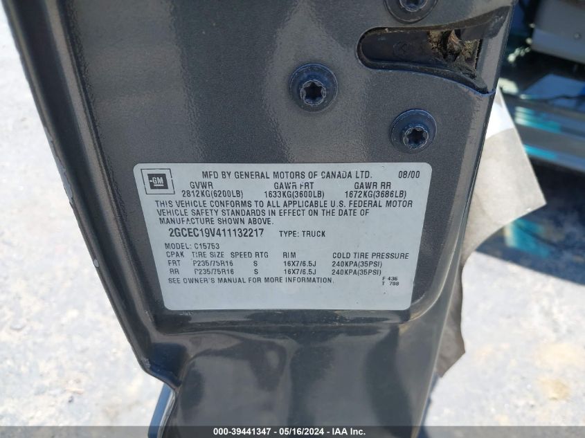 2001 Chevrolet Silverado 1500 Ls VIN: 2GCEC19V411132217 Lot: 39441347