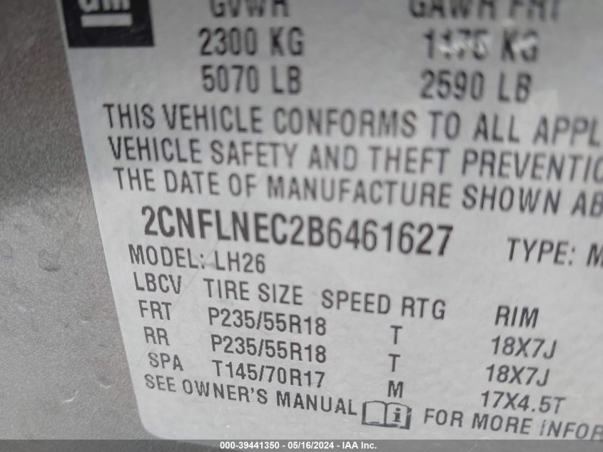 2011 Chevrolet Equinox 2Lt VIN: 2CNFLNEC2B6461627 Lot: 39441350