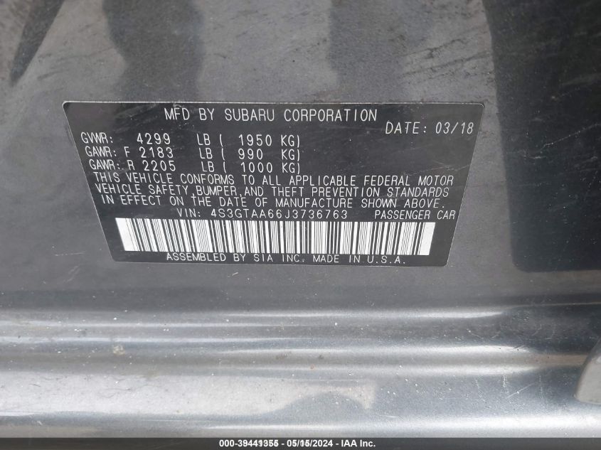 2018 Subaru Impreza 2.0I VIN: 4S3GTAA66J3736763 Lot: 39441355