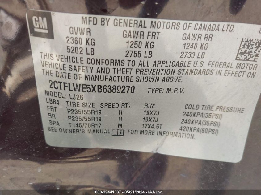 2011 GMC Terrain Slt-2 VIN: 2CTFLWE5XB6389270 Lot: 39441387