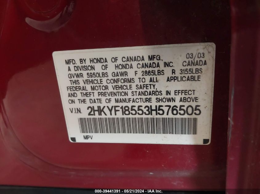 2003 Honda Pilot Ex-L VIN: 2HKYF18553H576505 Lot: 39441391