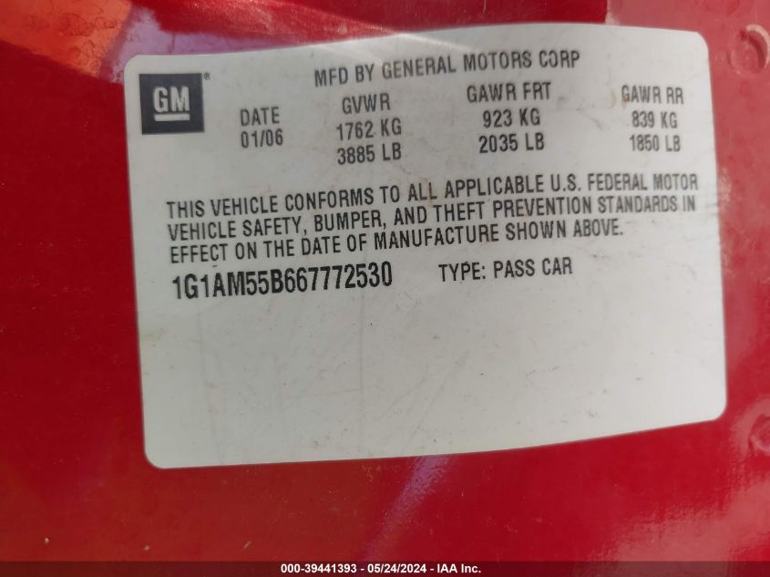 2006 Chevrolet Cobalt Ss VIN: 1G1AM55B667772530 Lot: 39441393