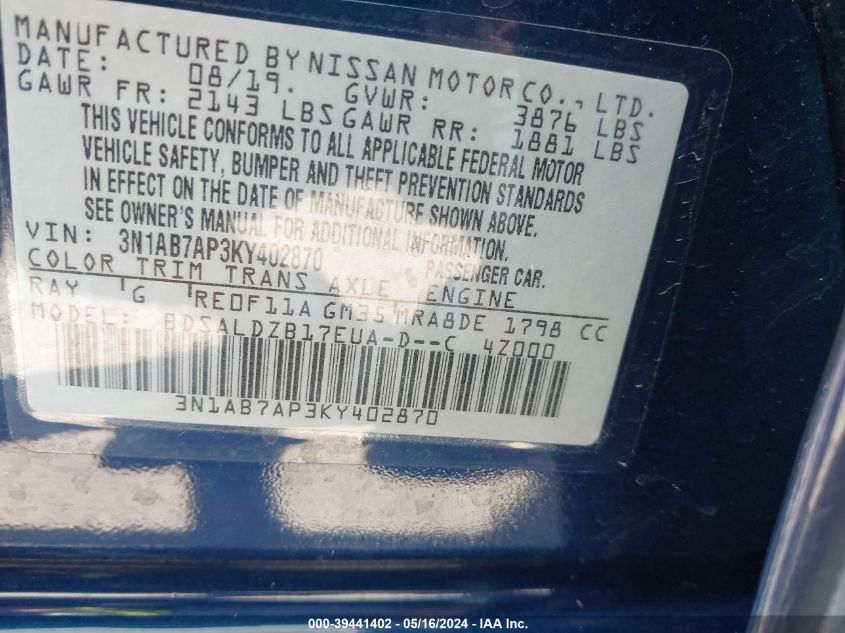 VIN 3N1AB7AP3KY402870 2019 NISSAN SENTRA SV