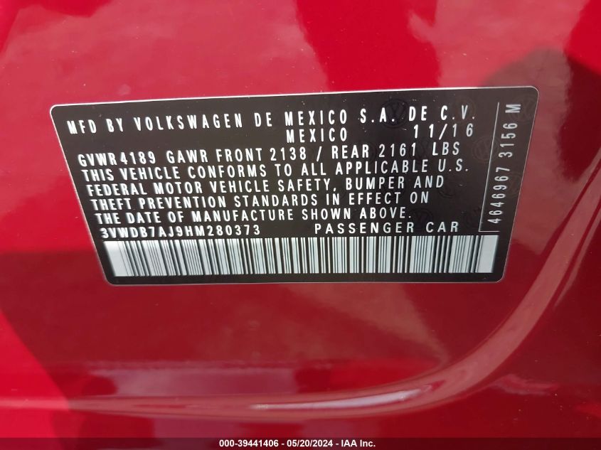 2017 Volkswagen Jetta 1.4T Se VIN: 3VWDB7AJ9HM280373 Lot: 39441406