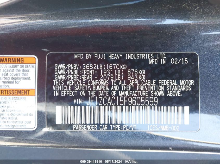 2015 Subaru Brz Limited VIN: JF1ZCAC15F9605599 Lot: 39441410