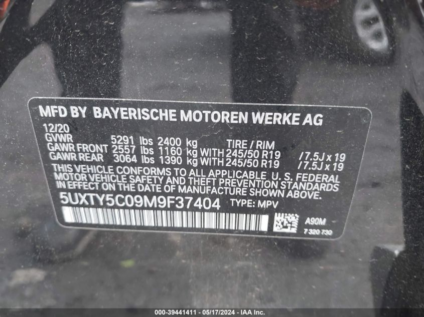 2021 BMW X3 xDrive30I VIN: 5UXTY5C09M9F37404 Lot: 39441411