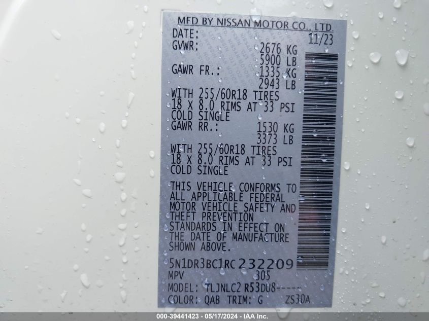 2024 Nissan Pathfinder Sv 4Wd VIN: 5N1DR3BC1RC232209 Lot: 39441423