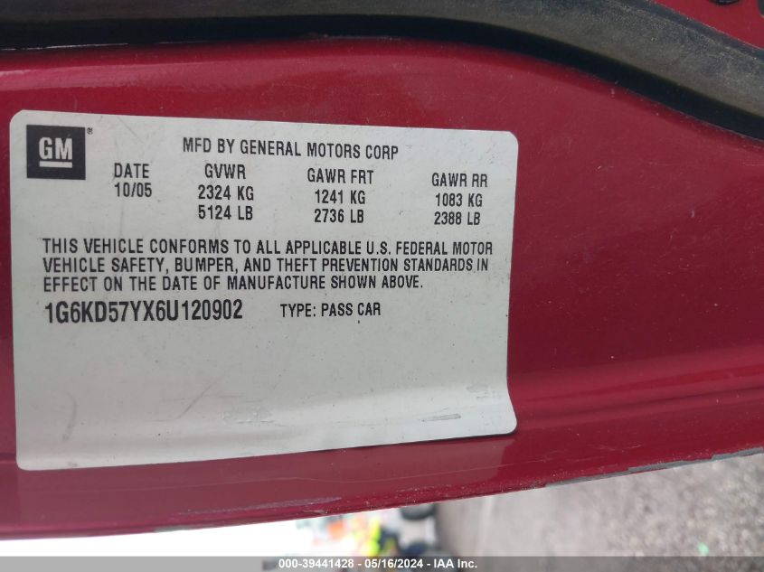 2006 Cadillac Dts Standard VIN: 1G6KD57YX6U120902 Lot: 39441428