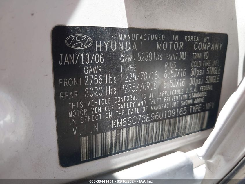 2006 Hyundai Santa Fe Gls/Limited VIN: KM8SC73E96U109165 Lot: 39441431