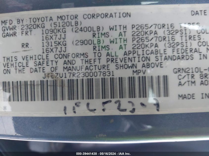 2003 Toyota 4Runner Limited V6 VIN: JTEZU17R230007831 Lot: 39441438