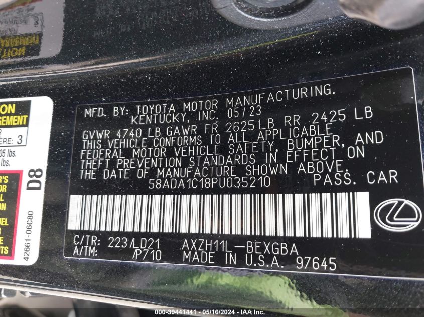 2023 Lexus Es 300H VIN: 58ADA1C18PU035210 Lot: 39441441