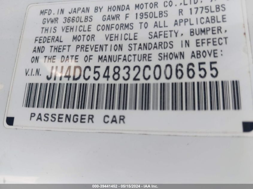 2002 Acura Rsx VIN: JH4DC54832C006655 Lot: 39441452