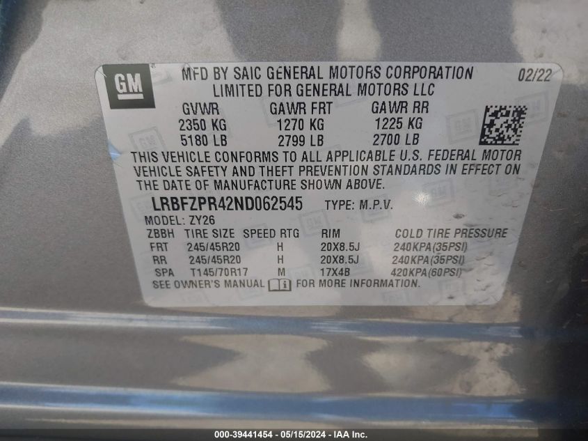2022 Buick Envision Awd Essence VIN: LRBFZPR42ND062545 Lot: 39441454