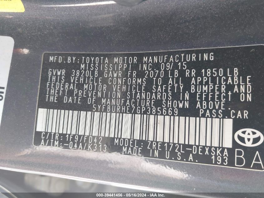 2016 Toyota Corolla S Plus VIN: 5YFBURHE7GP385669 Lot: 39441456