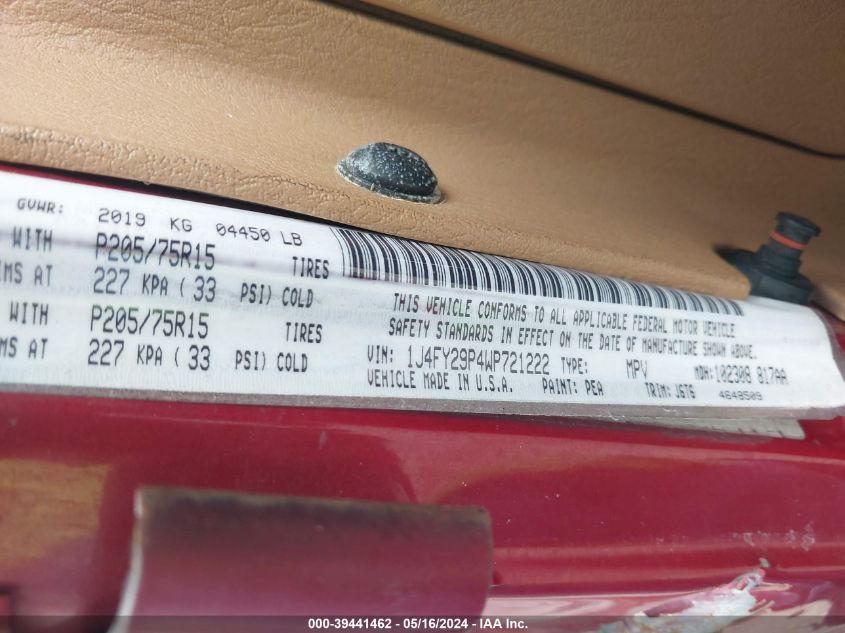 1998 Jeep Wrangler Se VIN: 1J4FY29P4WP721222 Lot: 39441462