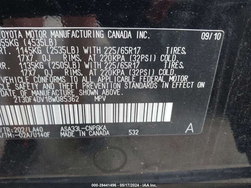 2011 Toyota Rav4 Limited VIN: 2T3DF4DV1BW085362 Lot: 39441496