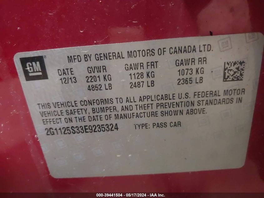 2014 Chevrolet Impala 2Lt VIN: 2G1125S33E9235324 Lot: 39441504