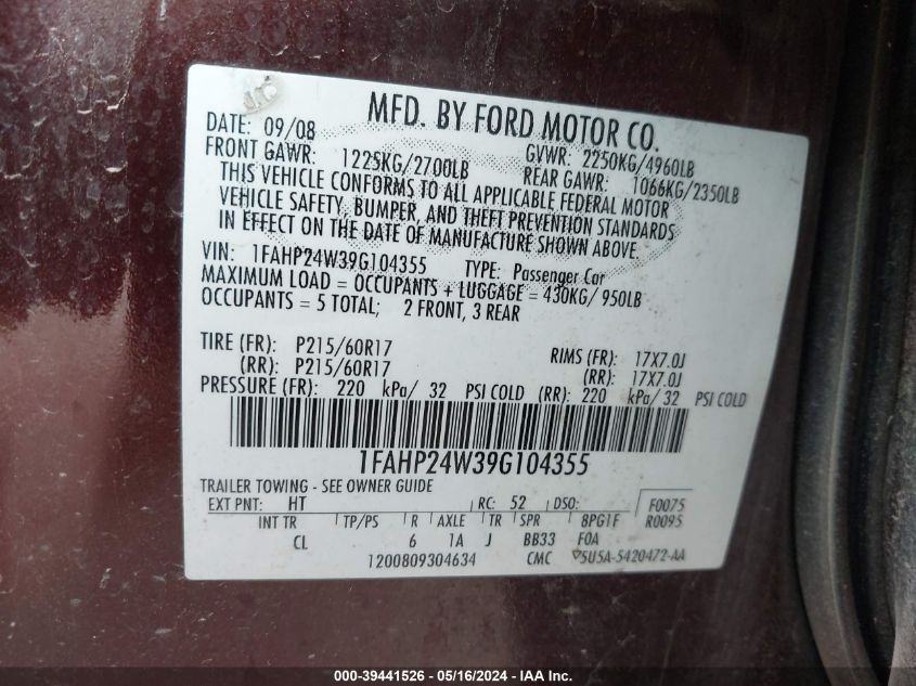 2009 Ford Taurus Sel VIN: 1FAHP24W39G104355 Lot: 39441526