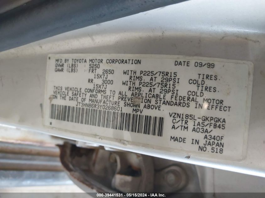 2000 Toyota 4Runner Sr5 V6 VIN: JT3HN86R3Y0268601 Lot: 39441531