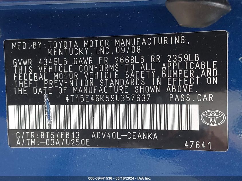 2009 Toyota Camry Le VIN: 4T1BE46K59U357637 Lot: 39441536