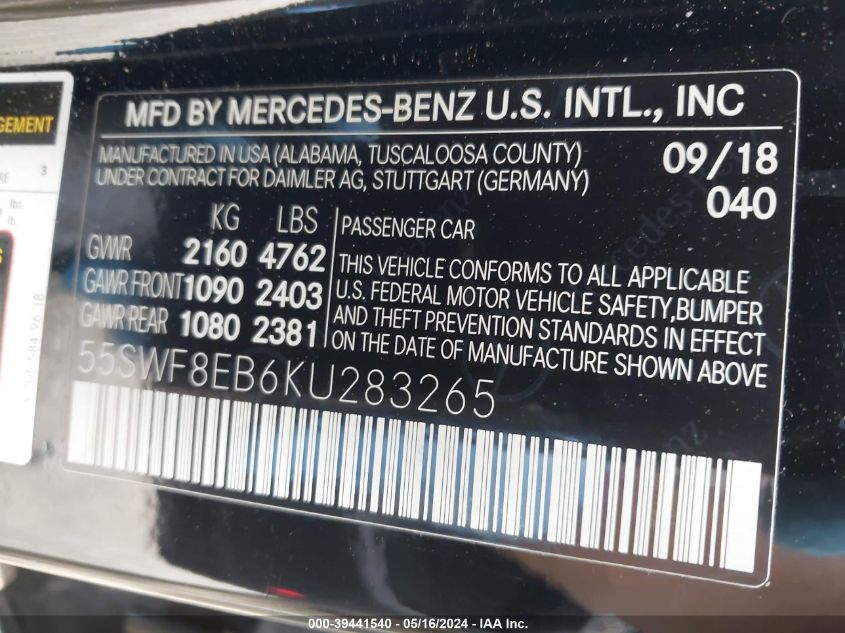 2019 Mercedes-Benz C 300 4Matic VIN: 55SWF8EB6KU283265 Lot: 39441540