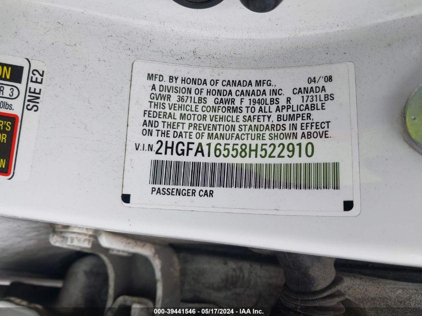 2008 Honda Civic Lx VIN: 2HGFA16558H522910 Lot: 39441546