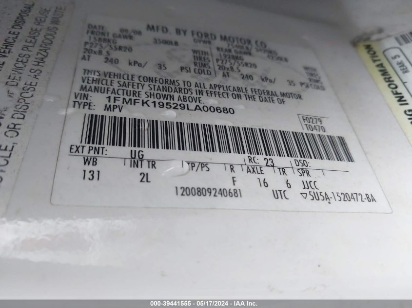 2009 Ford Expedition El Limited VIN: 1FMFK19529LA00680 Lot: 39441555