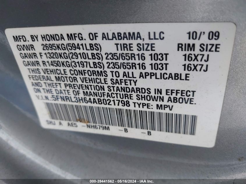 2010 Honda Odyssey Ex-L VIN: 5FNRL3H64AB021798 Lot: 39441562