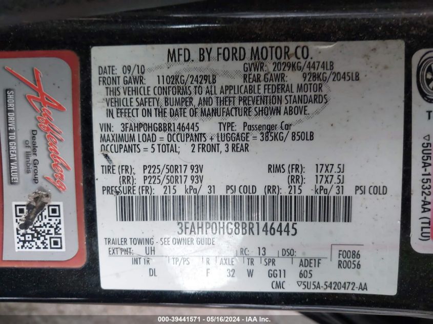 2011 Ford Fusion Se VIN: 3FAHP0HG8BR146445 Lot: 39441571