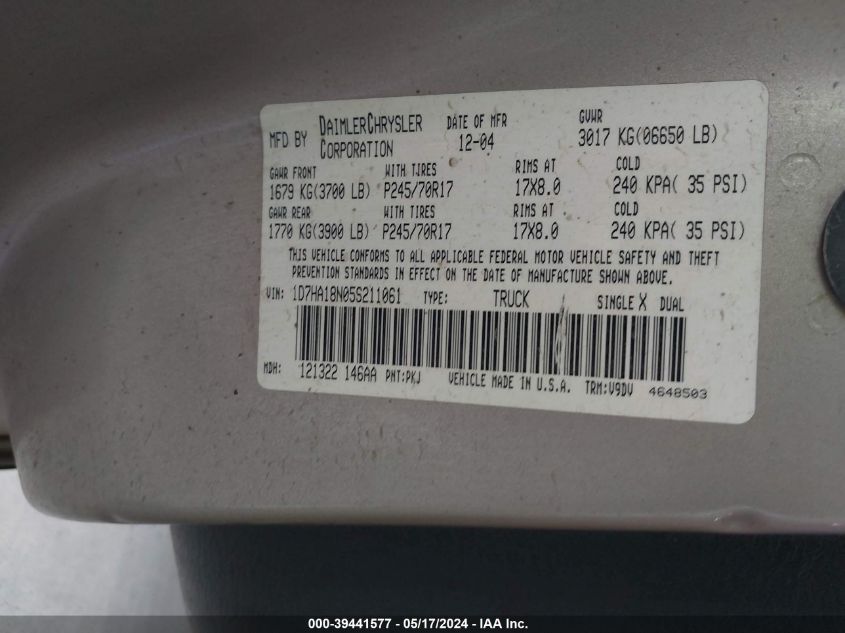 2005 Dodge Ram 1500 Slt/Laramie VIN: 1D7HA18N05S211061 Lot: 39441577