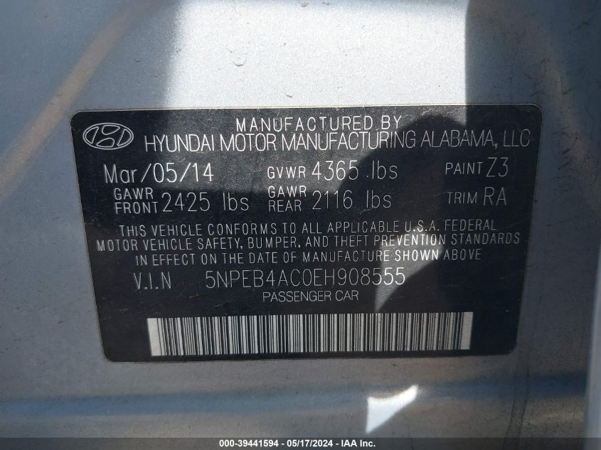 2014 Hyundai Sonata Gls VIN: 5NPEB4AC0EH908555 Lot: 39441594