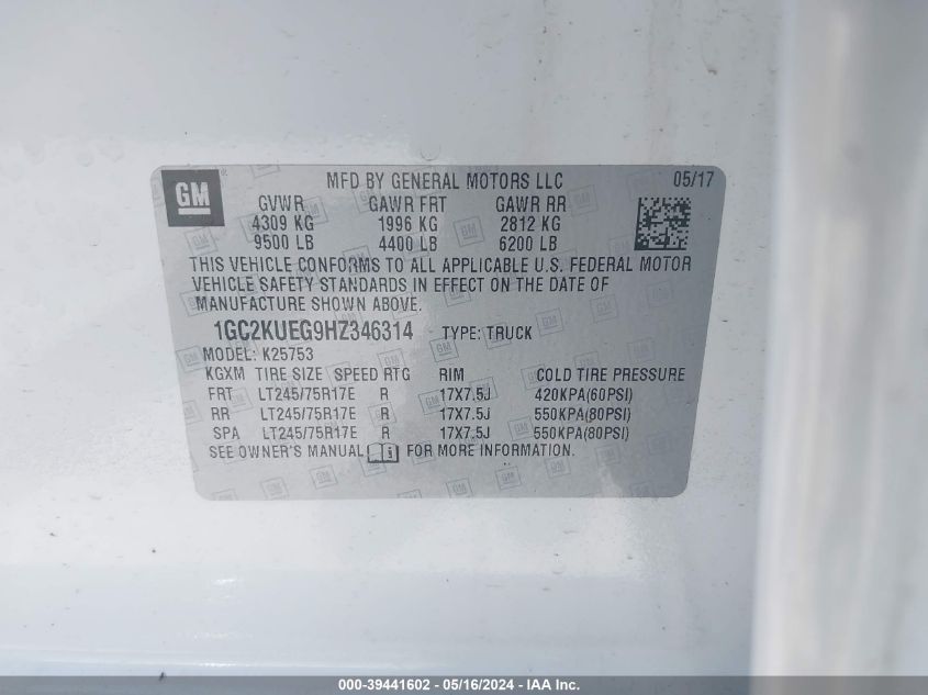 2017 Chevrolet Silverado 2500Hd Wt VIN: 1GC2KUEG9HZ346314 Lot: 39441602