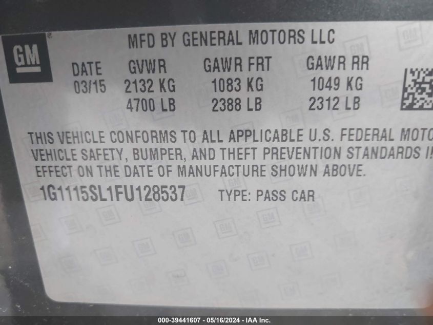 2015 Chevrolet Impala Lt VIN: 1G1115SL1FU128537 Lot: 39441607